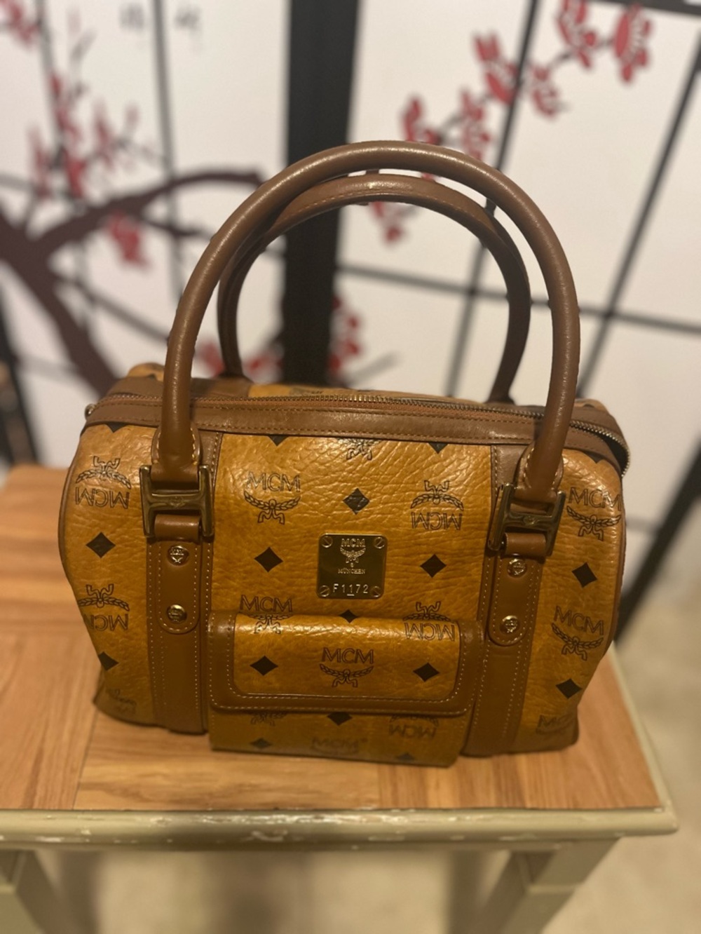 MCM Cognac Logo Visetos Satchel with Brown Handles